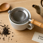 Passoire a the en acier inox, maillage fin et manche en bambou sur tasse
