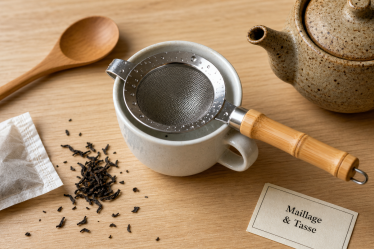 Passoire a the en acier inox, maillage fin et manche en bambou sur tasse