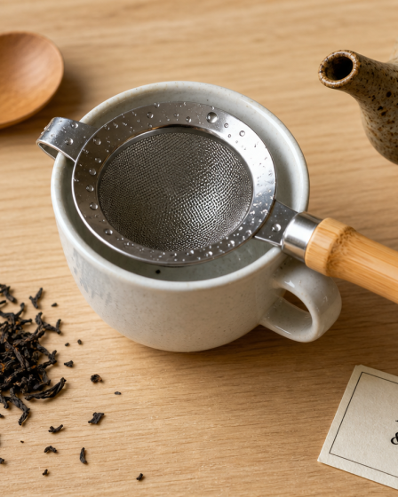 Passoire a the en acier inox, maillage fin et manche en bambou sur tasse