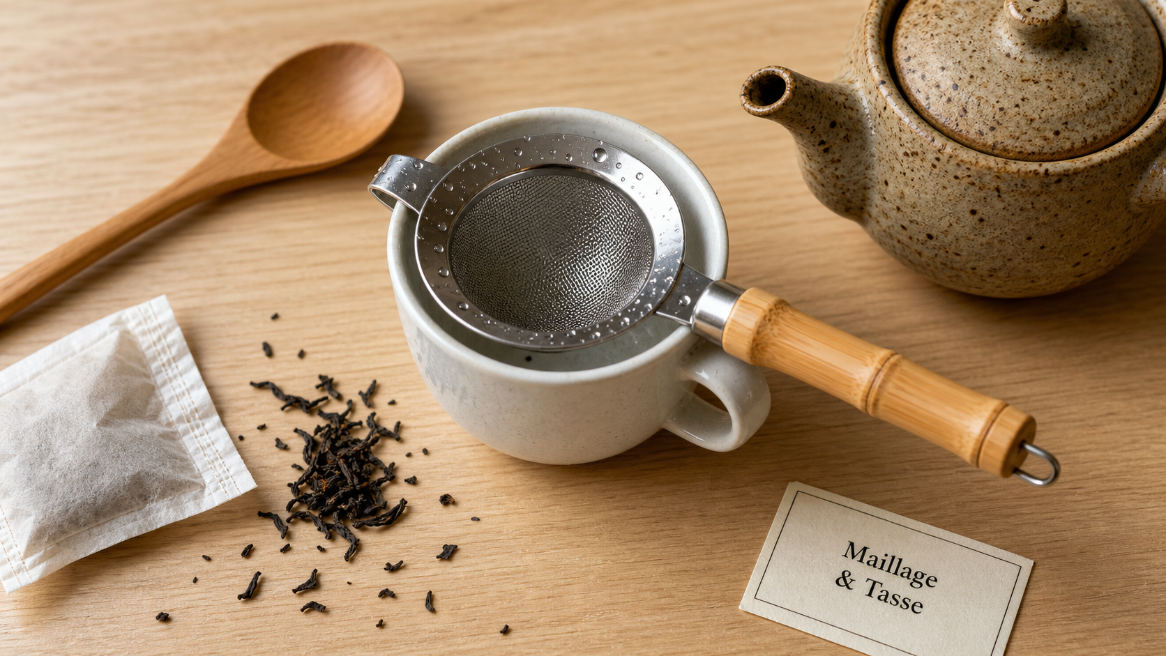 Passoire a the en acier inox, maillage fin et manche en bambou sur tasse