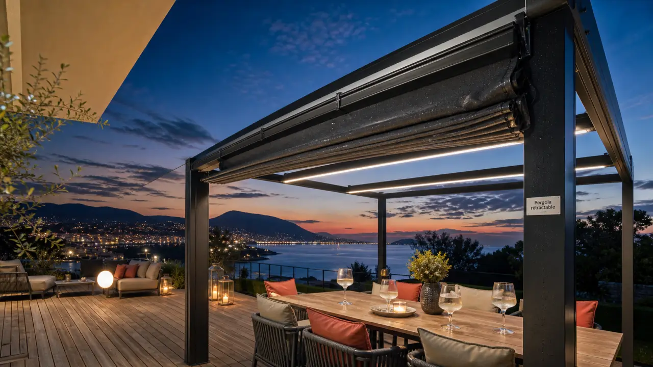 Pergola retractable ouverte : ombre pluie et clair de vue terrasse