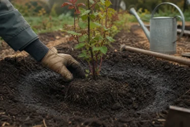 Planter groseiller : main plante un jeune arbuste en sol frais, mi-ombre