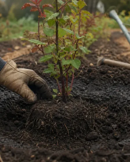 Planter groseiller : main plante un jeune arbuste en sol frais, mi-ombre