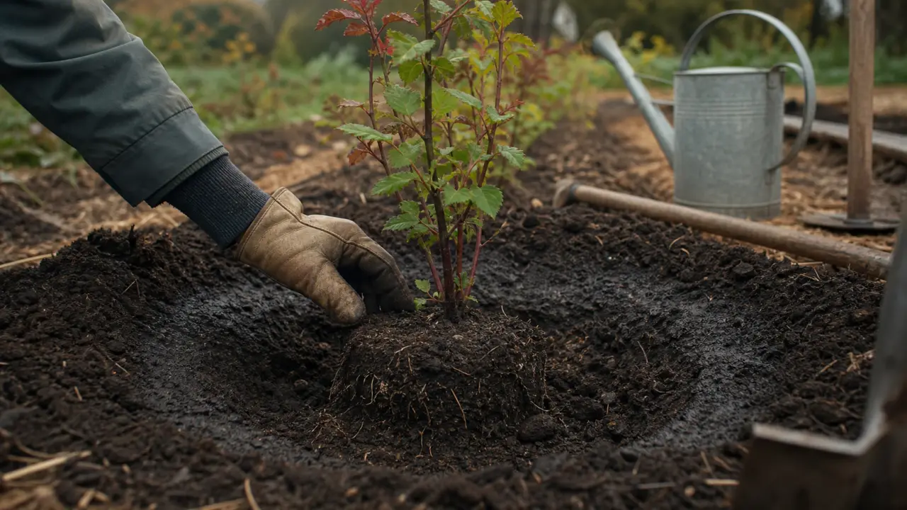 Planter groseiller : main plante un jeune arbuste en sol frais, mi-ombre
