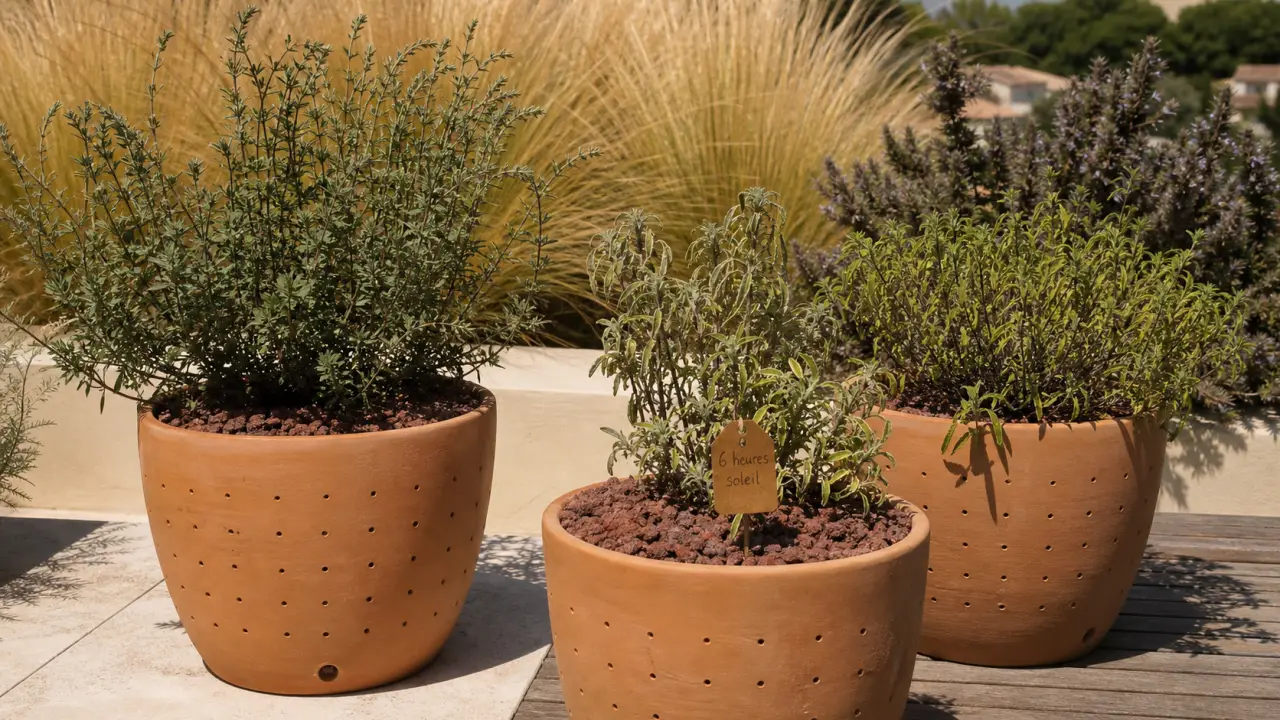 Plantes pour terrasse ensoleillée : romarin et stipa sur terrasse plein sud, bacs terre cuite.