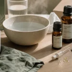 Rhume et huiles essentielles : eucalyptus près d’une pipette et eau tiède
