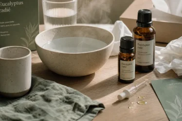 Rhume et huiles essentielles : eucalyptus près d’une pipette et eau tiède