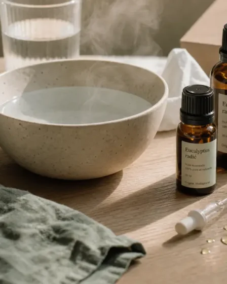 Rhume et huiles essentielles : eucalyptus près d’une pipette et eau tiède