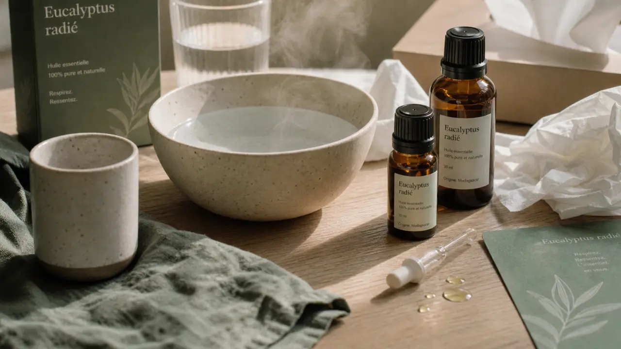 Rhume et huiles essentielles : eucalyptus près d’une pipette et eau tiède