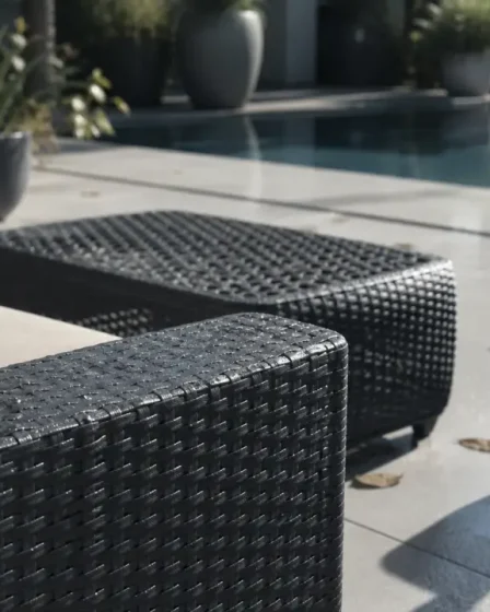 Salon de jardin gris en resine sur terrasse, tressage anthracite et coussins écrus