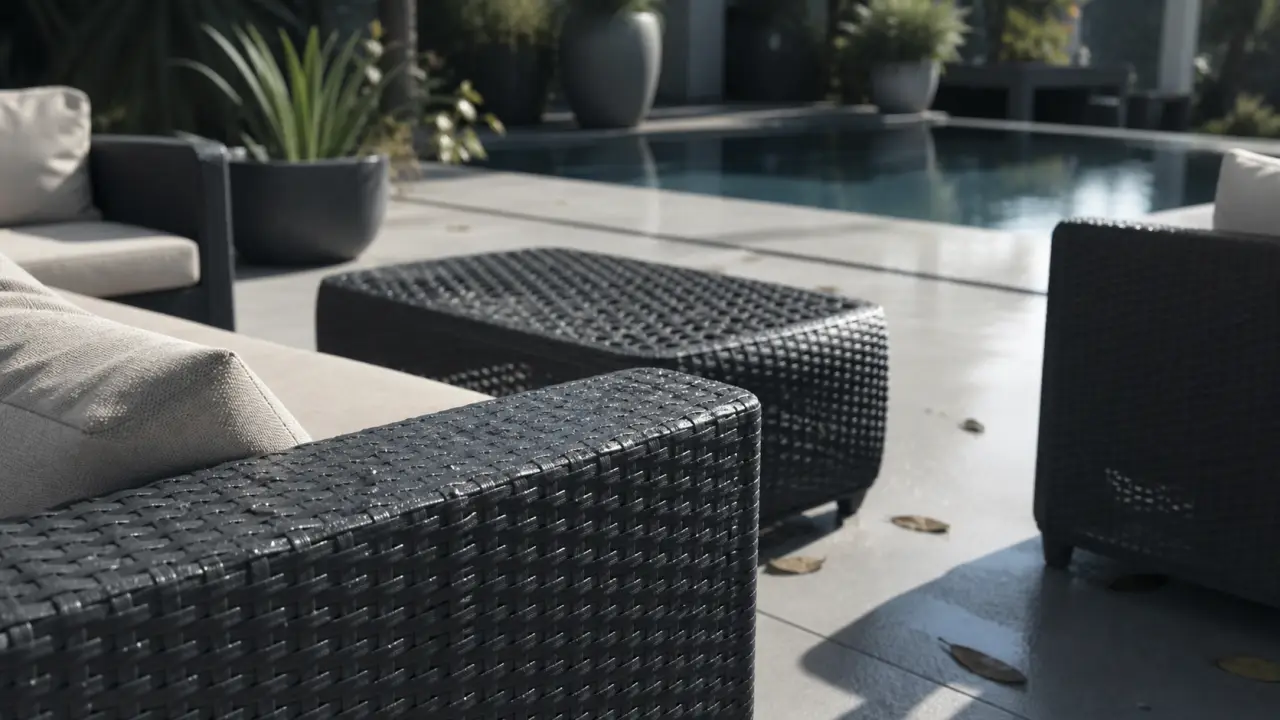 Salon de jardin gris en resine sur terrasse, tressage anthracite et coussins écrus