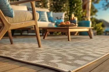 Tapis d'exterieur sur terrasse bois, fibres synthétiques et motif discret