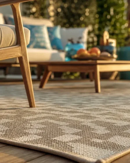 Tapis d'exterieur sur terrasse bois, fibres synthétiques et motif discret