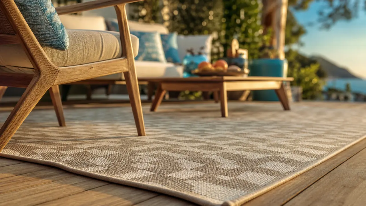 Tapis d'exterieur sur terrasse bois, fibres synthétiques et motif discret