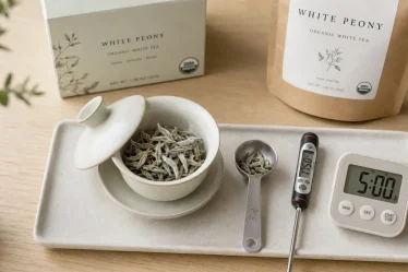 Thé blanc bio en gaiwan : température 70–80°C et jeunes bourgeons duveteux