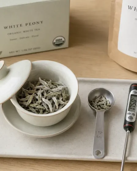 Thé blanc bio en gaiwan : température 70–80°C et jeunes bourgeons duveteux