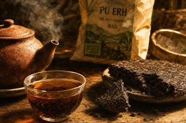 Thé pu erh bio du Yunnan : tasse ambre, feuilles noires boisé, vapeur
