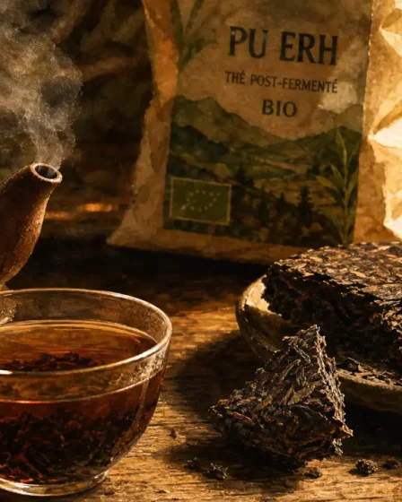 Thé pu erh bio du Yunnan : tasse ambre, feuilles noires boisé, vapeur
