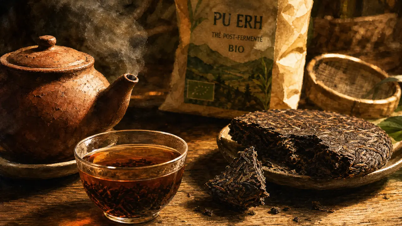 Thé pu erh bio du Yunnan : tasse ambre, feuilles noires boisé, vapeur