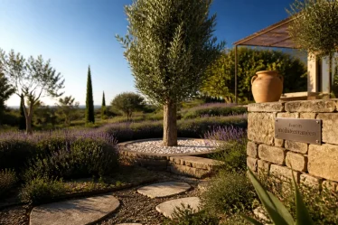 Aménagement jardin mediterraneen : olivier et lavande sur sol drainant, muret en pierre sèche