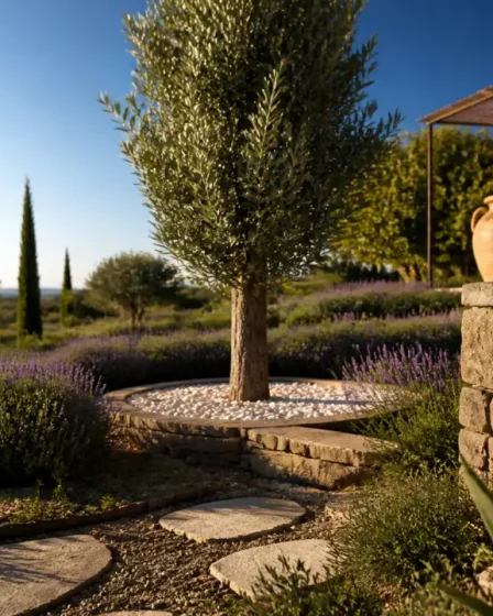 Aménagement jardin mediterraneen : olivier et lavande sur sol drainant, muret en pierre sèche