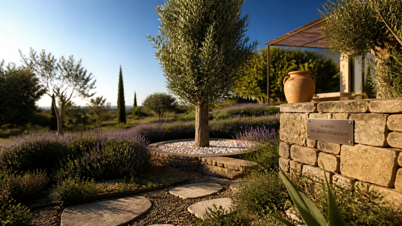 Aménagement jardin mediterraneen : olivier et lavande sur sol drainant, muret en pierre sèche