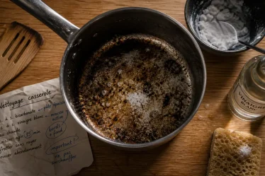 Casserole cramée en inox tachée, méthode douce de nettoyage