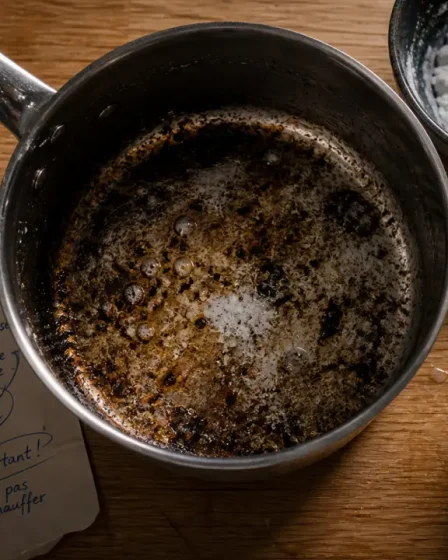 Casserole cramée en inox tachée, méthode douce de nettoyage