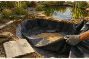 Construire un bassin : pose bâche EPDM, fosse, sable et géotextile