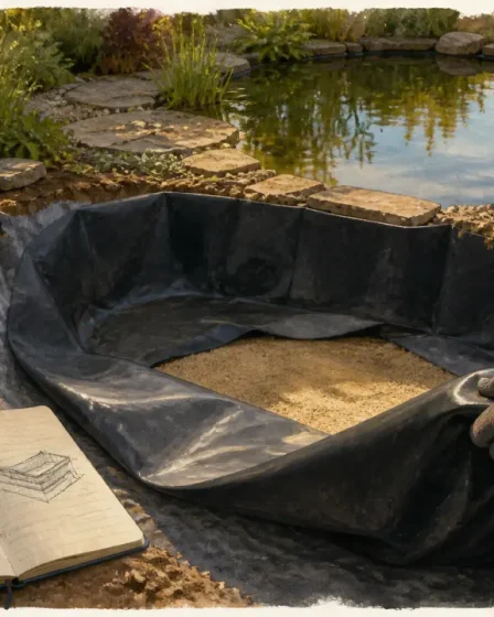 Construire un bassin : pose bâche EPDM, fosse, sable et géotextile