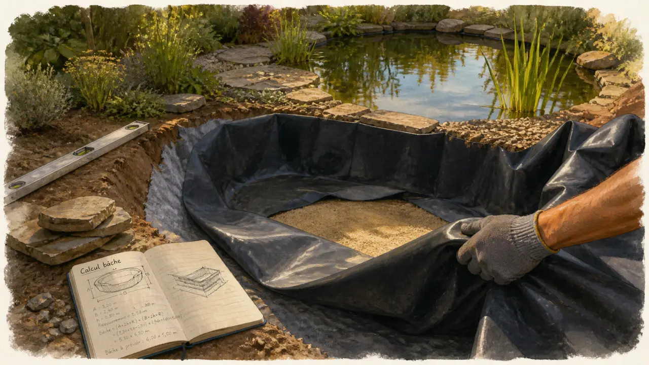 Construire un bassin : pose bâche EPDM, fosse, sable et géotextile