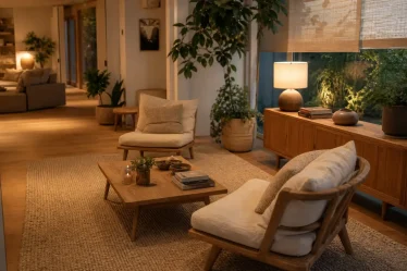 Décoration véranda intérieur : meubles bas et sol adapté, lumière chaude