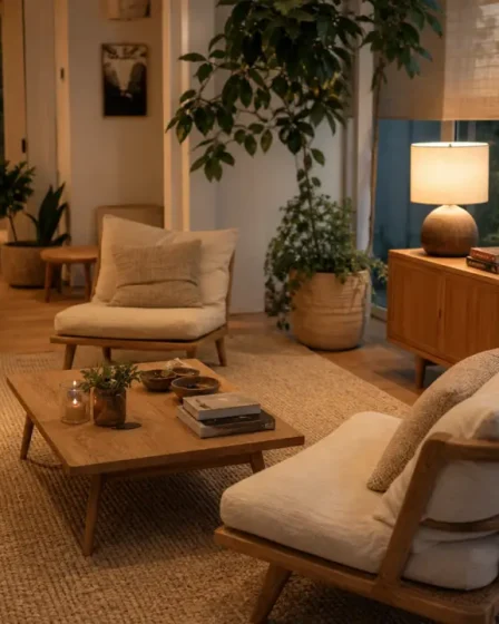 Décoration véranda intérieur : meubles bas et sol adapté, lumière chaude