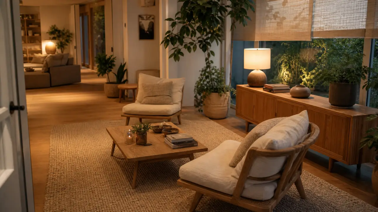 Décoration véranda intérieur : meubles bas et sol adapté, lumière chaude