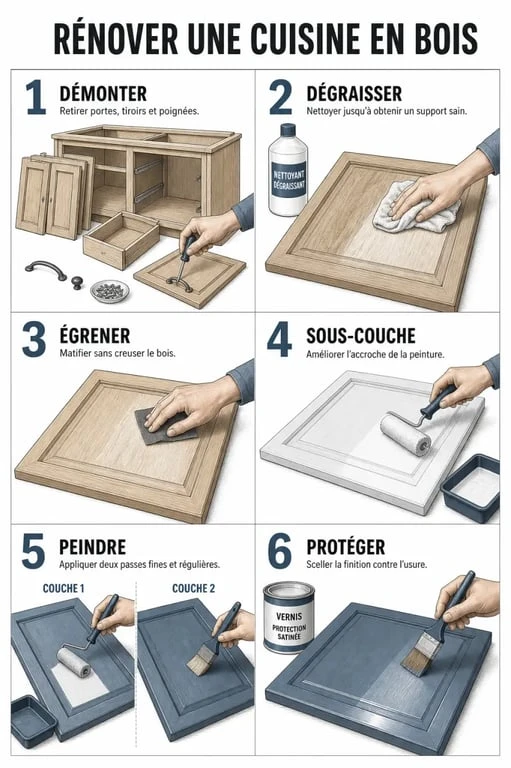 R&eacute;nover une cuisine en bois avec les &eacute;tapes de pr&eacute;paration, peinture et protection