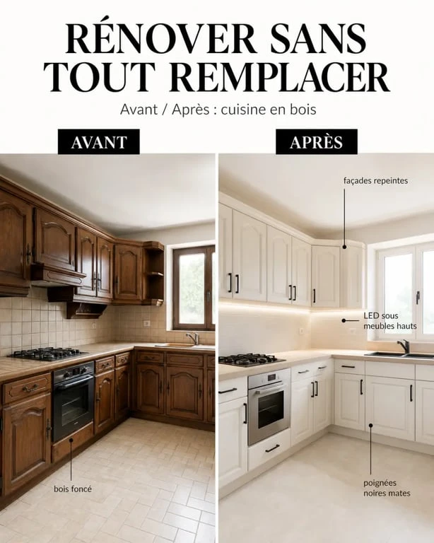 R&eacute;nover une cuisine en bois avant apr&egrave;s avec des fa&ccedil;ades rustiques transform&eacute;es en cuisine moderne