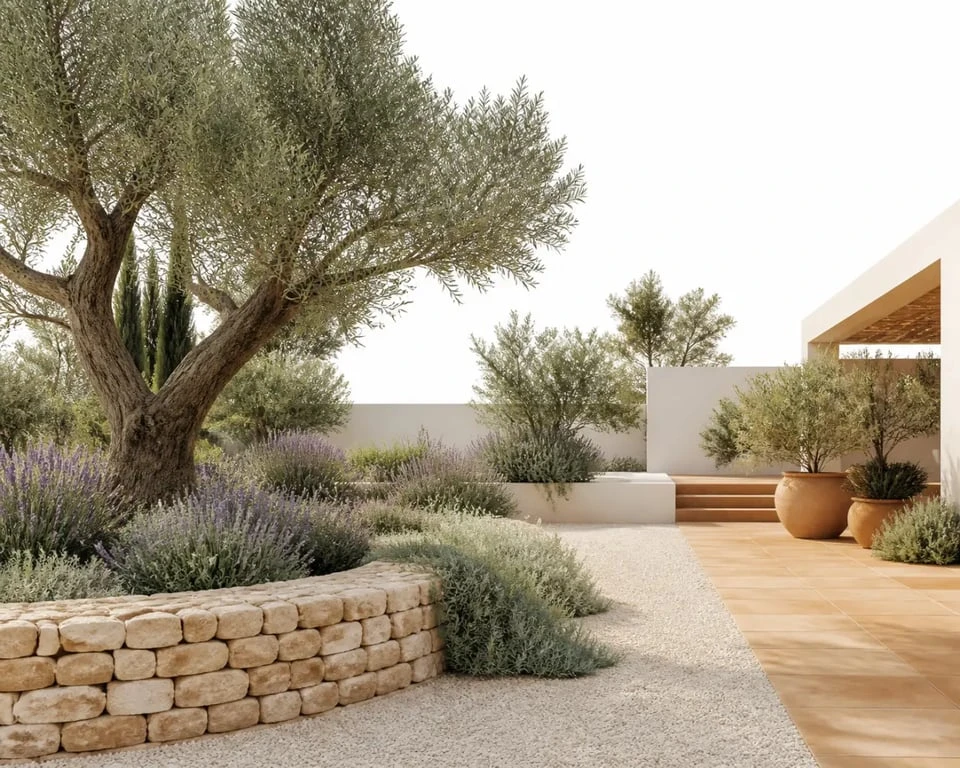 Am&eacute;nagement jardin m&eacute;diterran&eacute;en avec olivier, lavandes et gravier clair