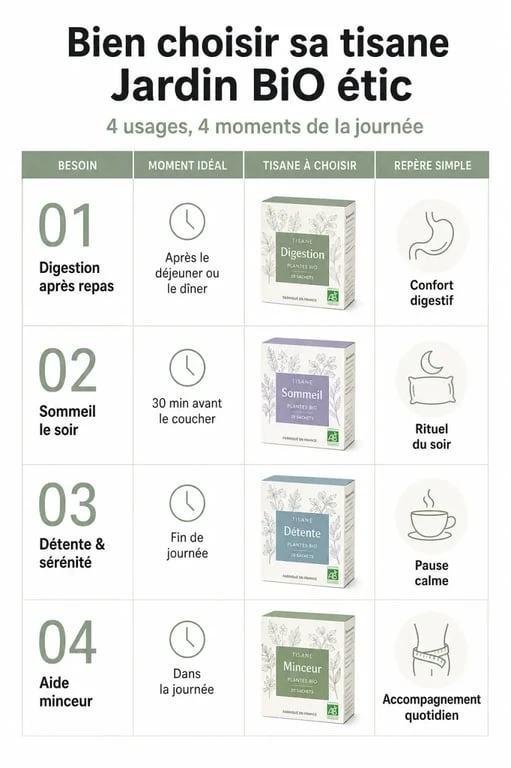 Tisane jardin bio : infographie &eacute;ditoriale des usages digestion, sommeil, d&eacute;tente et aide minceur