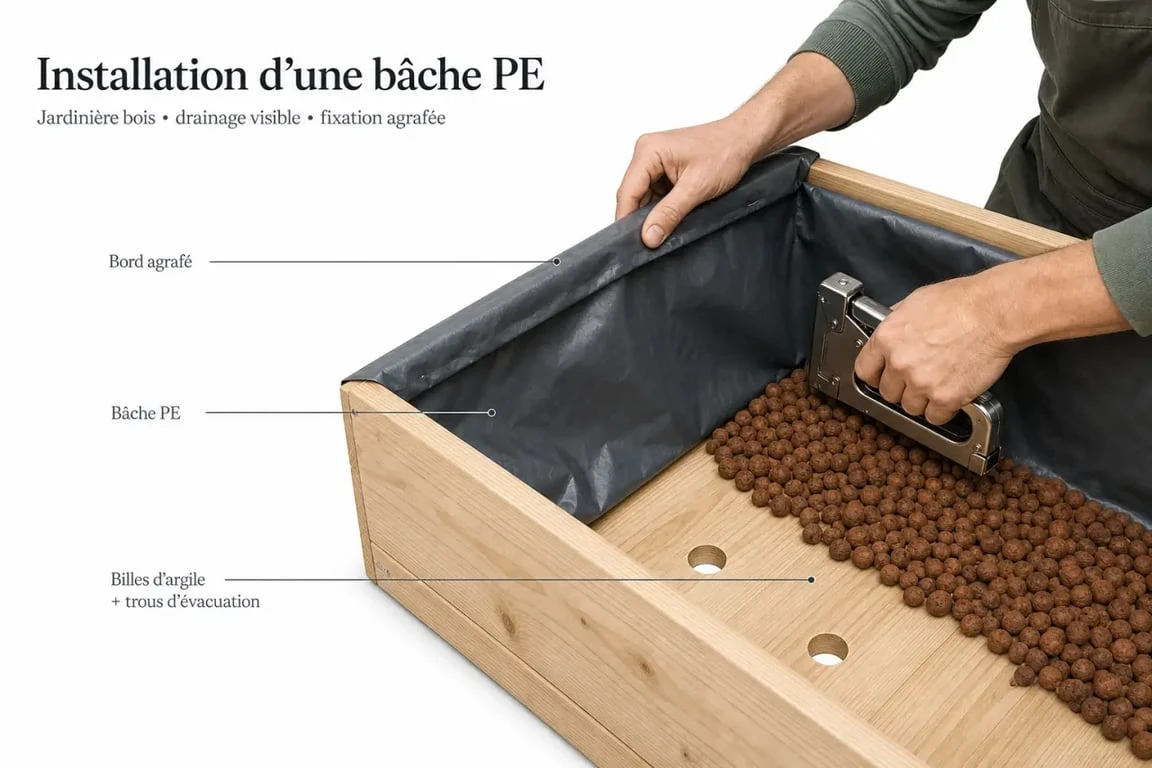 B&acirc;che jardini&egrave;re install&eacute;e dans une jardini&egrave;re en bois avec fixation et drainage