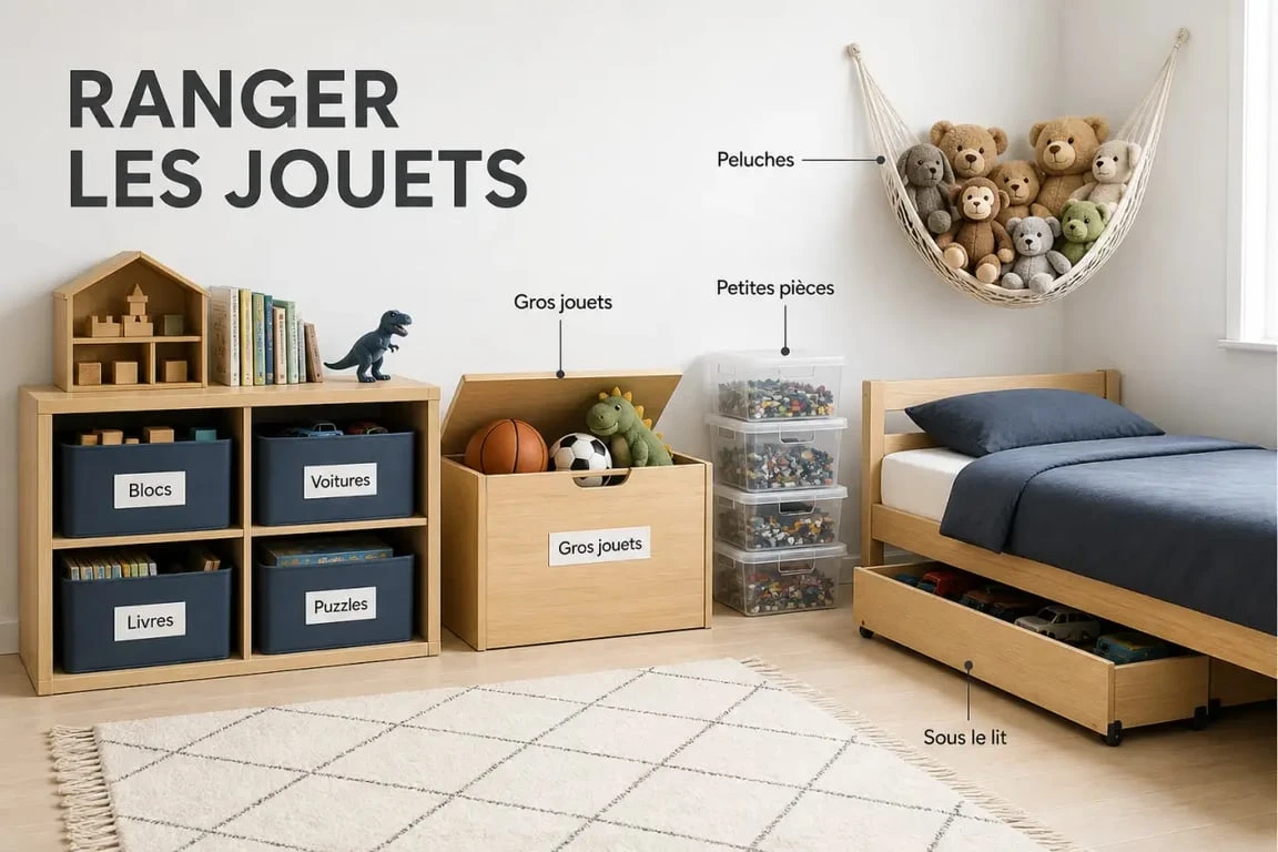 Rangement jouets enfants dans une chambre d’enfant organisée avec casiers, coffre, boîtes transparentes et rangement sous le lit