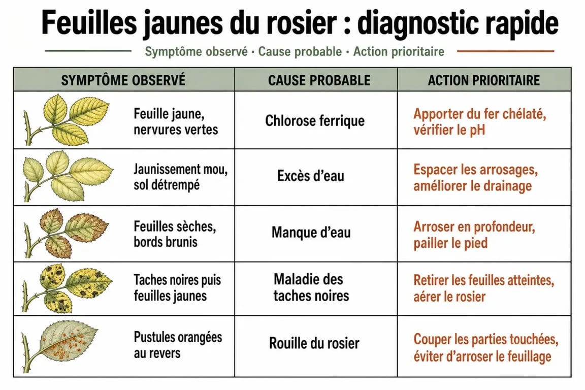 Rosier jaunissement des feuilles : sch&eacute;ma des causes, sympt&ocirc;mes et actions prioritaires