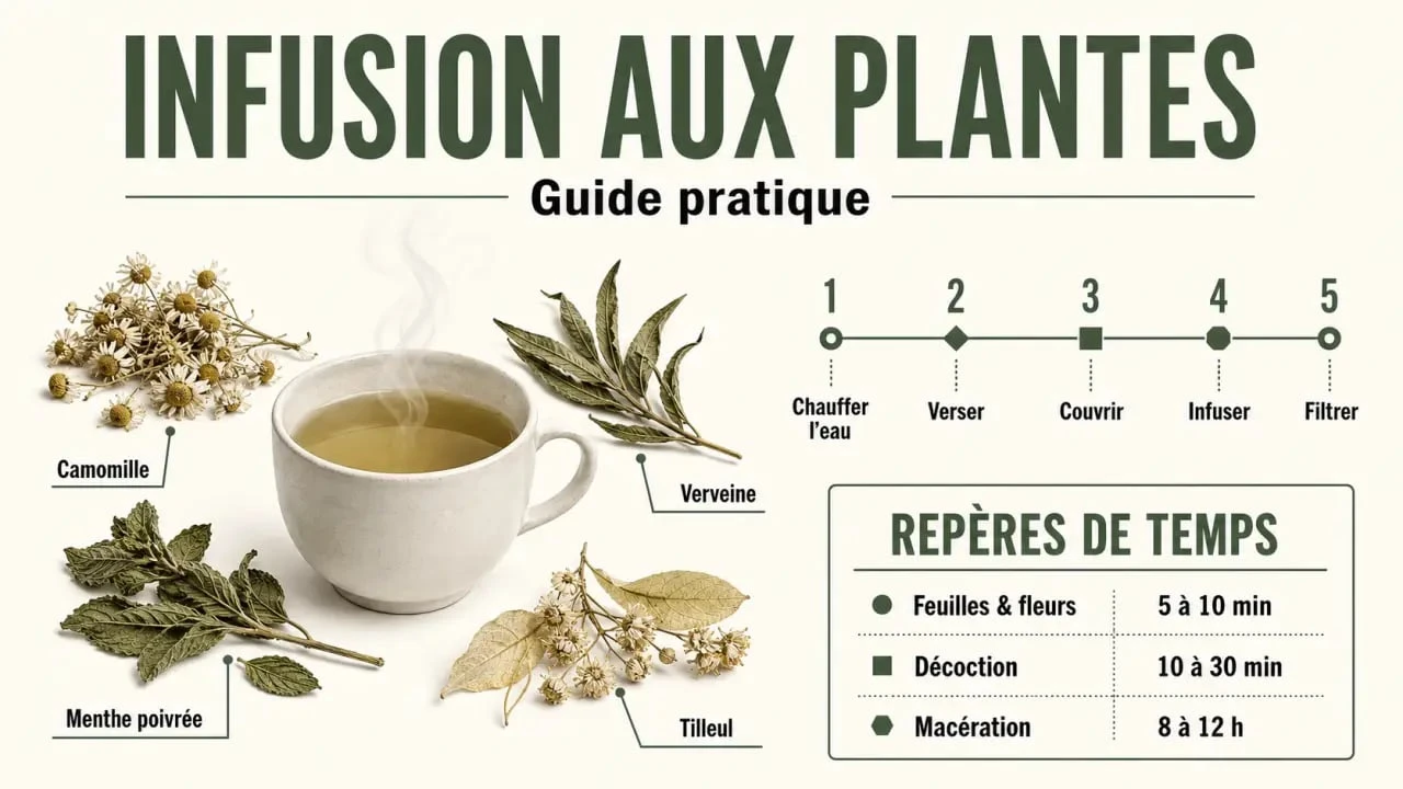 Infusion aux plantes : schéma visuel des temps d’infusion, températures et méthodes de préparation