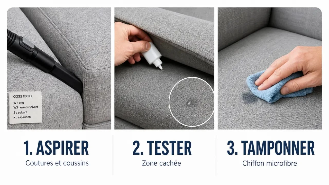 Nettoyer canap&eacute; tissu &eacute;tape par &eacute;tape avec aspiration, test sur zone cach&eacute;e et tamponnage d&rsquo;une tache sur canap&eacute; en tissu