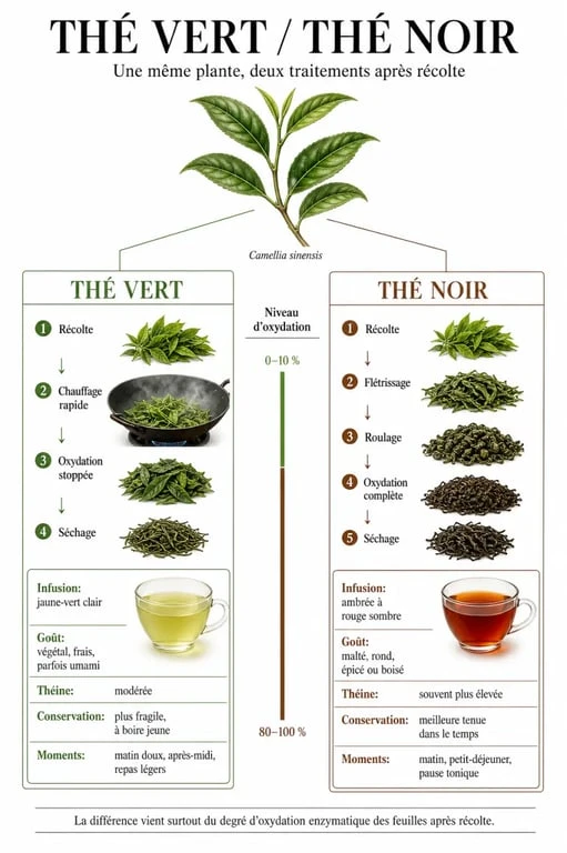 Th&eacute; noir et th&eacute; vert : infographie comparative sur l&rsquo;oxydation, le go&ucirc;t et la caf&eacute;ine