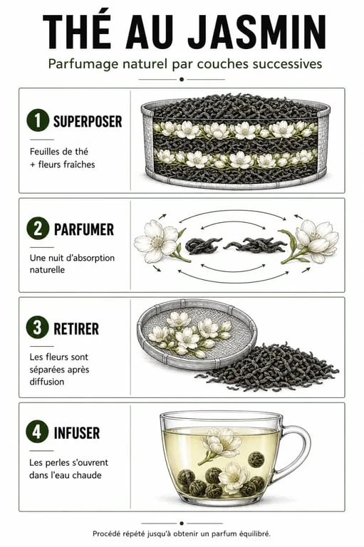 Proc&eacute;d&eacute; traditionnel du jasmine th&eacute; avec parfumage naturel et perles de jasmin