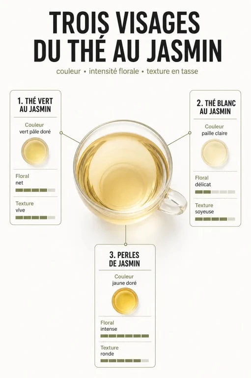 Diff&eacute;rences visuelles du jasmine th&eacute; selon la base de th&eacute; et le format