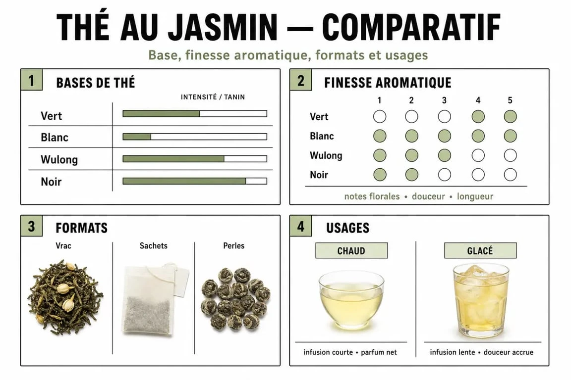 Comparatif du jasmine th&eacute; : bases de th&eacute;, formats et usages