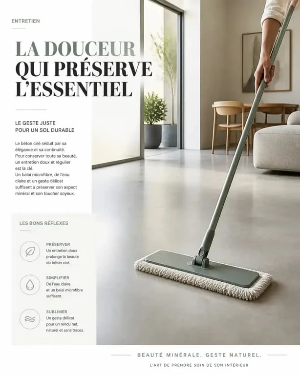 Nettoyage doux avec balai microfibre sur sol en b&eacute;ton cir&eacute;