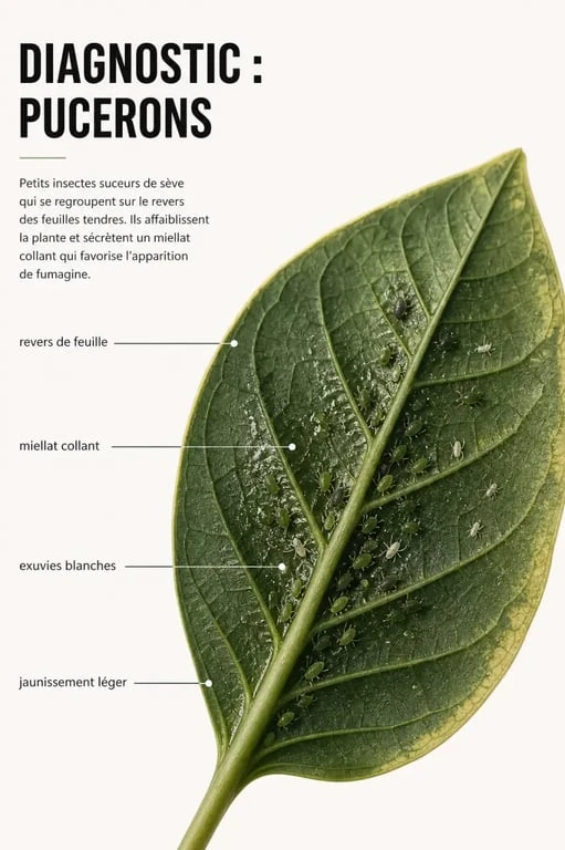 Puceron dans la maison sur le revers d&rsquo;une feuille de plante d&rsquo;int&eacute;rieur avec miellat et feuilles jaunies