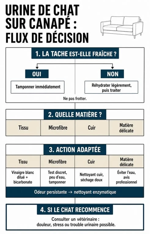 Comment enlever odeur urine chat canap&eacute; : sch&eacute;ma de d&eacute;cision selon la fra&icirc;cheur de la tache et le type de rev&ecirc;tement